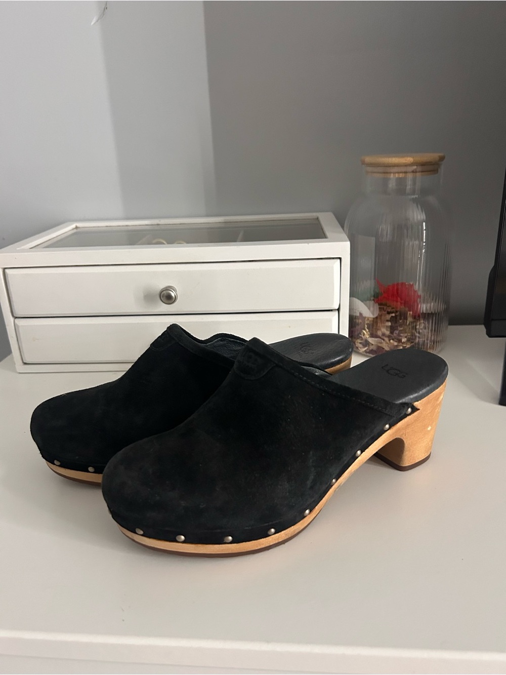 UGG Black Suede Studded Wood-Heel Clogs Size 6